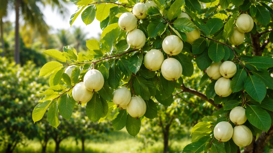 White guava fruit ripening on trees in an orchard